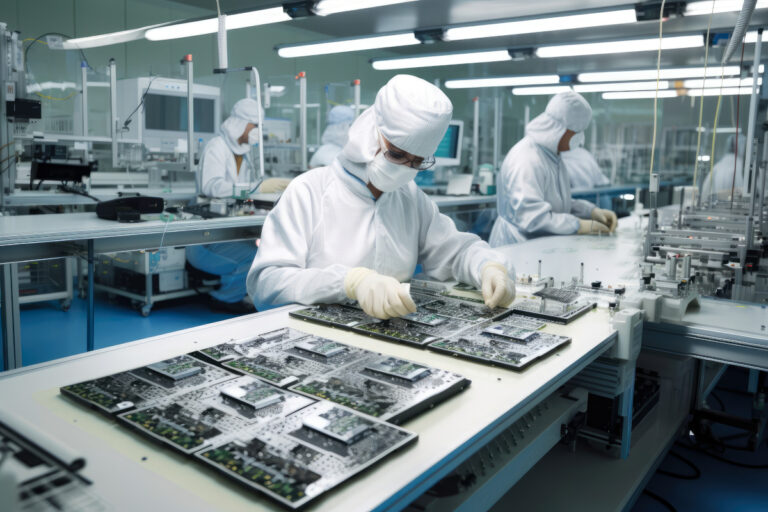 Electronics manufacturing facility with workers assembling circu
