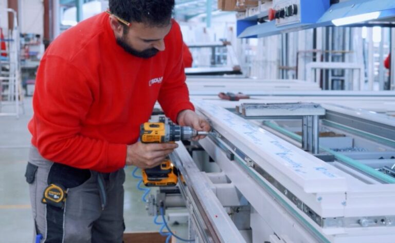 Un empleado de Solven ensambla una puerta